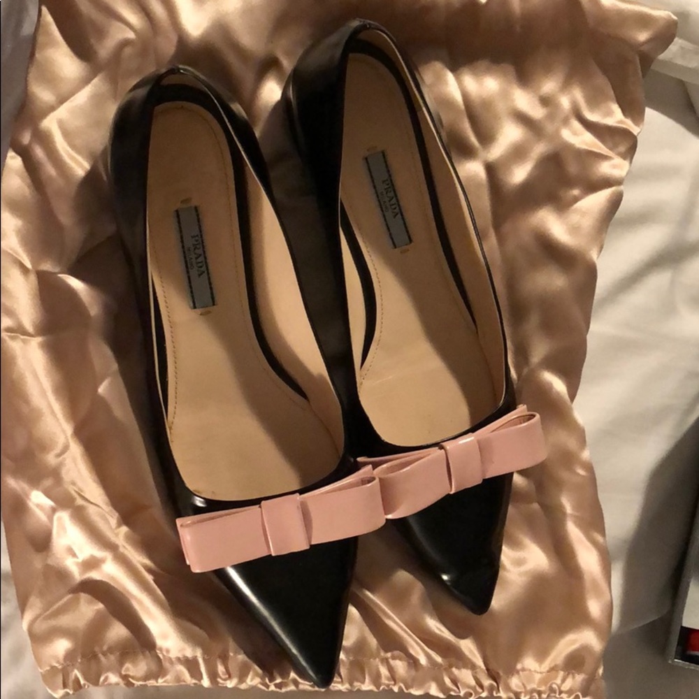 Prada Black Ballet Flats with Pink Bow, Size 39